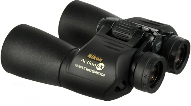 Nikon action ex 12×50 cf waterproof binoculars. This device is suitable for birding.