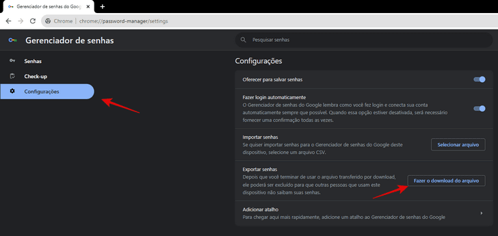 Painel de configurações do Google Chrome