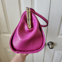 side view of pink barbie style purse silver clasp for sale on depop