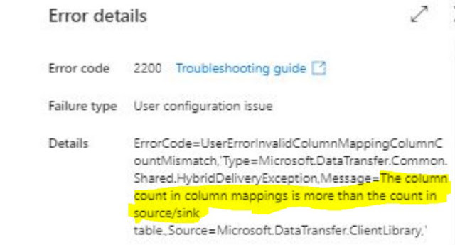 The column count in column mappings is more than the count in source/sink table.