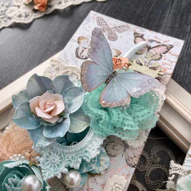 Mixed media panels created with: Prima Marketing apricot honey, peach tea, coffee break flowers, mechanicals grungy succulents, opal magic paint, moulds; Reneabouquets butterflies, glitter glass; Tim Holtz baubles