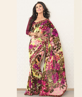 BRAND: Brijraj  CATEGORY: Saree with Unstitched Blouse  COLOUR:  Saree: Multi  Blouse: Magenta  Hrishitaa Bhatt MATERIAL:  Saree: Poly Georgette  Blouse: Poly Georgette