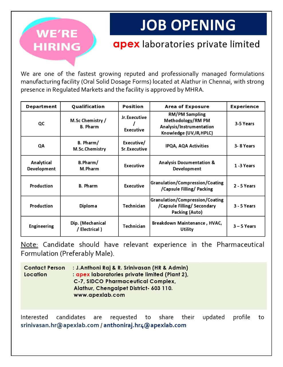 Job Availables,Apex Laboratories Private Limited Job Vacancy For MSc Chemistry/ B.Pharm/ M.Pharm/ Diploma (Mechanical/ Electrical)