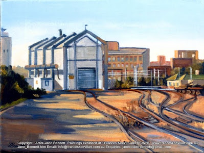 Plein air oil painting  of  trains at Carriageworks Eveleigh Railway Workshops by artist Jane Bennett