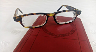 Tortoiseshell Eyejuster eye glasses, resting on a small red book. 