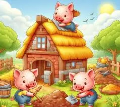 Three little pigs building their homes out of straw, sticks, and bricks.