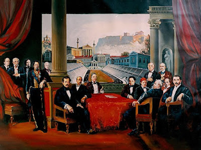 The Meeting of the Leaders (c.1998) Oil on Linen. Provenance - Private Collection, Athens