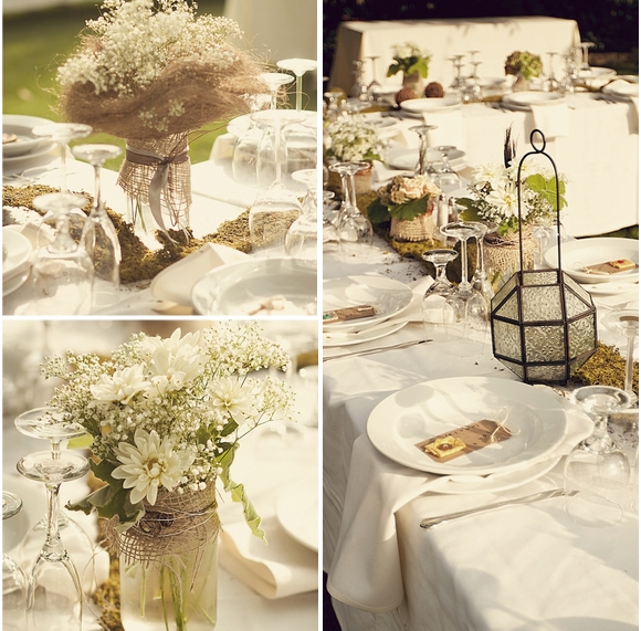 The burlap moss baby's breath mason jars the simplicity and beauty of it 