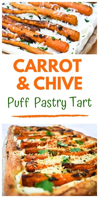 Scottish Baby Carrot & Chive Tart. A simple golden puff pastry tart with roasted baby carrots of a creamy herb base. Perfect for an easy dinner and for lunchboxes. Recipe suitable for vegetarians and vegans. #carrottart #carrotpie #carrots #puffpastry #puffpastrypie #puffpastrytart #tart #creamcheese #pastry #puffpastry #vegantart #veganpie #vegetariantart