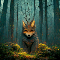 The image shows a horned fox standing in the forest. The fox has red fur, pointed ears, a long tail and a black mask around the eyes. He has two pairs of horns on his head