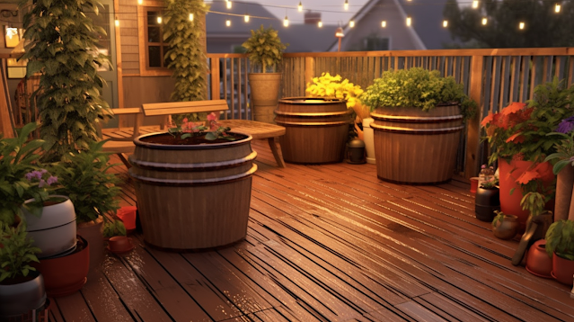 decking image with plants and solar lights around