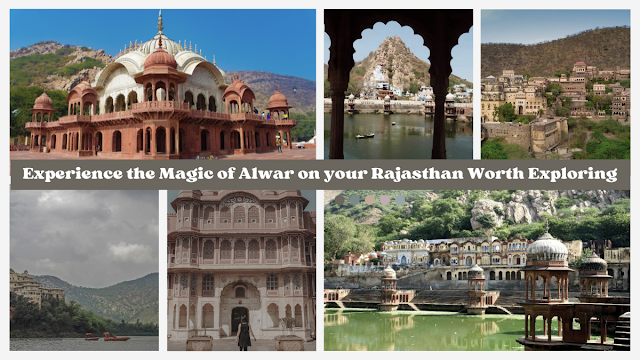 Alwar, Rajasthan: A panoramic view of Alwar, Rajasthan, showcasing the majestic forts, vibrant markets, and bustling streets, surrounded by lush greenery and the Aravalli Range in the background.