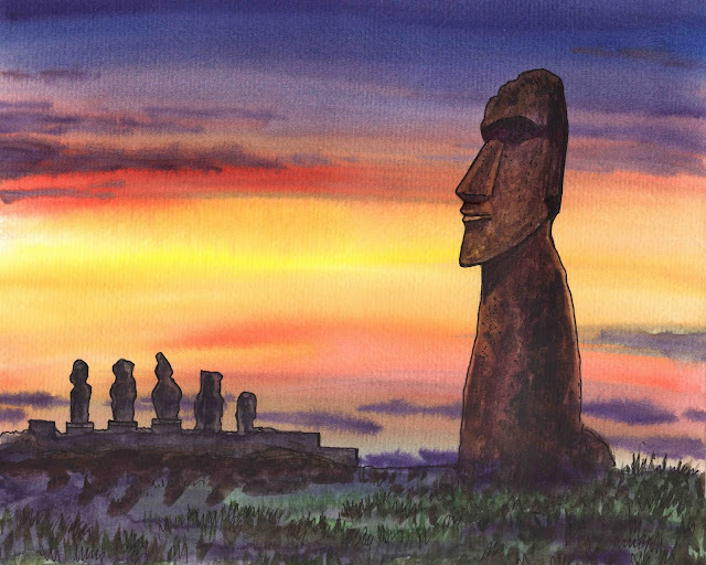 Gorgeous Sunset With Magical Statues Of Easter Island Chile Watercolor by Irina Sztukowski