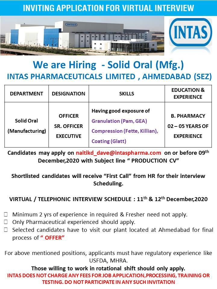 Intas Pharmaceutical Limited | Hiring for Production department...