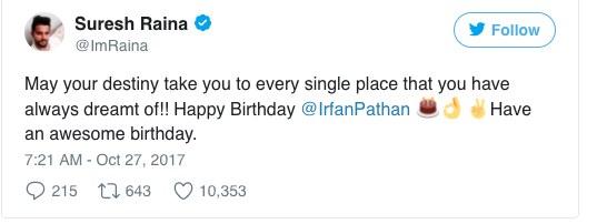 Irfan Pathan - Suresh Raina;twitter; birthday wishes