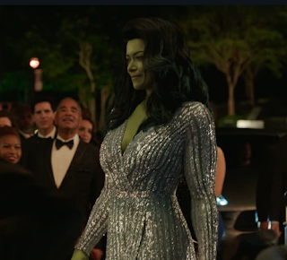 She-Hulk dressed in a silver dress as she arrives at her gala.