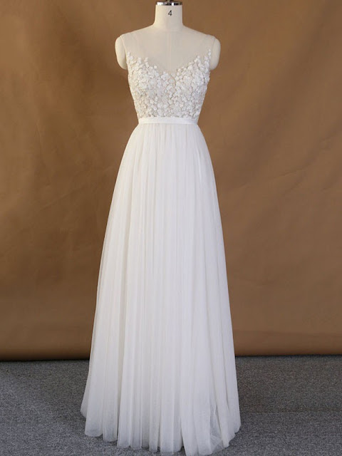 A-line V-neck Tulle Appliques Lace Floor-length Backless Cheap Wedding Dresses 