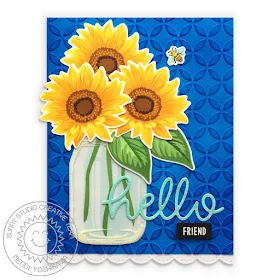 Sunny Studio: Sunflower Fields Layered Flower Hello Friends Embossed Card (using Vintage Jar Stamps, Stitched Scalloped Border dies & Moroccan Circles 6x6 Embossing Folder)