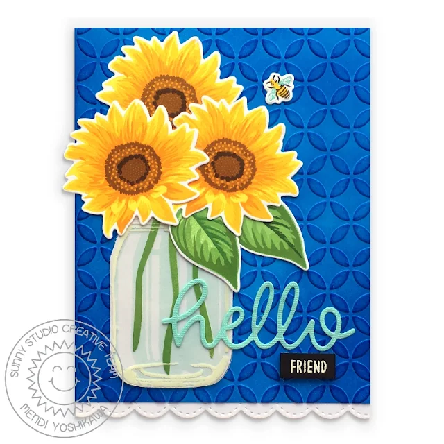 Sunny Studio: Sunflower Fields Layered Flower Hello Friends Embossed Card (using Vintage Jar Stamps, Stitched Scalloped Border dies & Moroccan Circles 6x6 Embossing Folder)