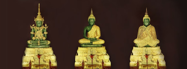 Three images of the Emerald Buddha wearing three sets of gold clothing, one for each season