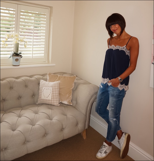 My Midlife Fashion, Marks and Spencer lace trim camisole, zara distressed cigarette length jeans, golden goose trainers