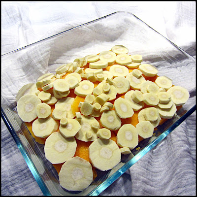 Hors table de Pauline - Gratin de légumes anciens et bacon au camembert.