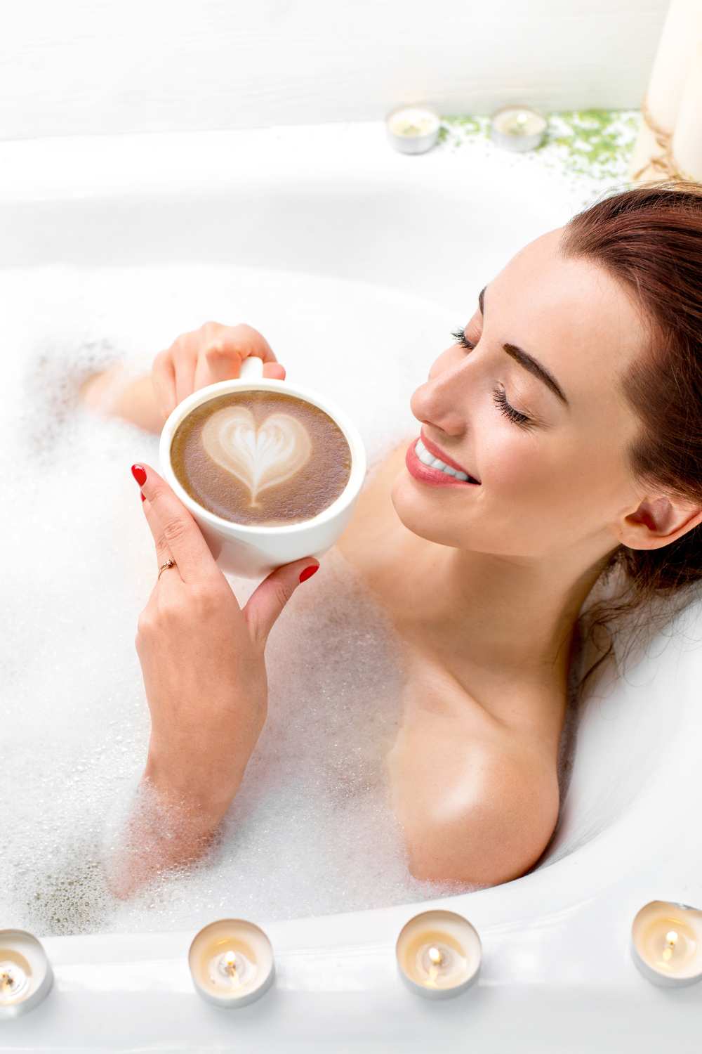 girl drinking coffee in a bubble bath