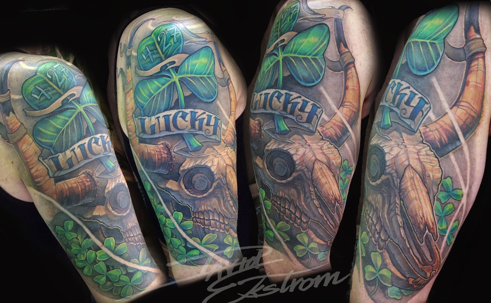 lucky irish longhorn skull arm tattoo