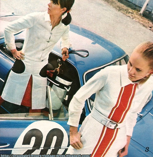 1966 skirt stripe race car 60s 1960 jacket Jupe et chemisier en jersey blanc . CACHAREL  Second plan : Ensemble blouson à épaules surpiquées et fermeture clip, en flanelle blanche .CACHAREL race