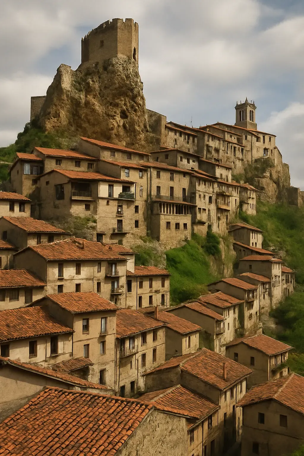 Vista panorámica de Frías, Burgos, con su imponente castillo en la cima y las casas colgadas sobre el acantilado del río Ebro.