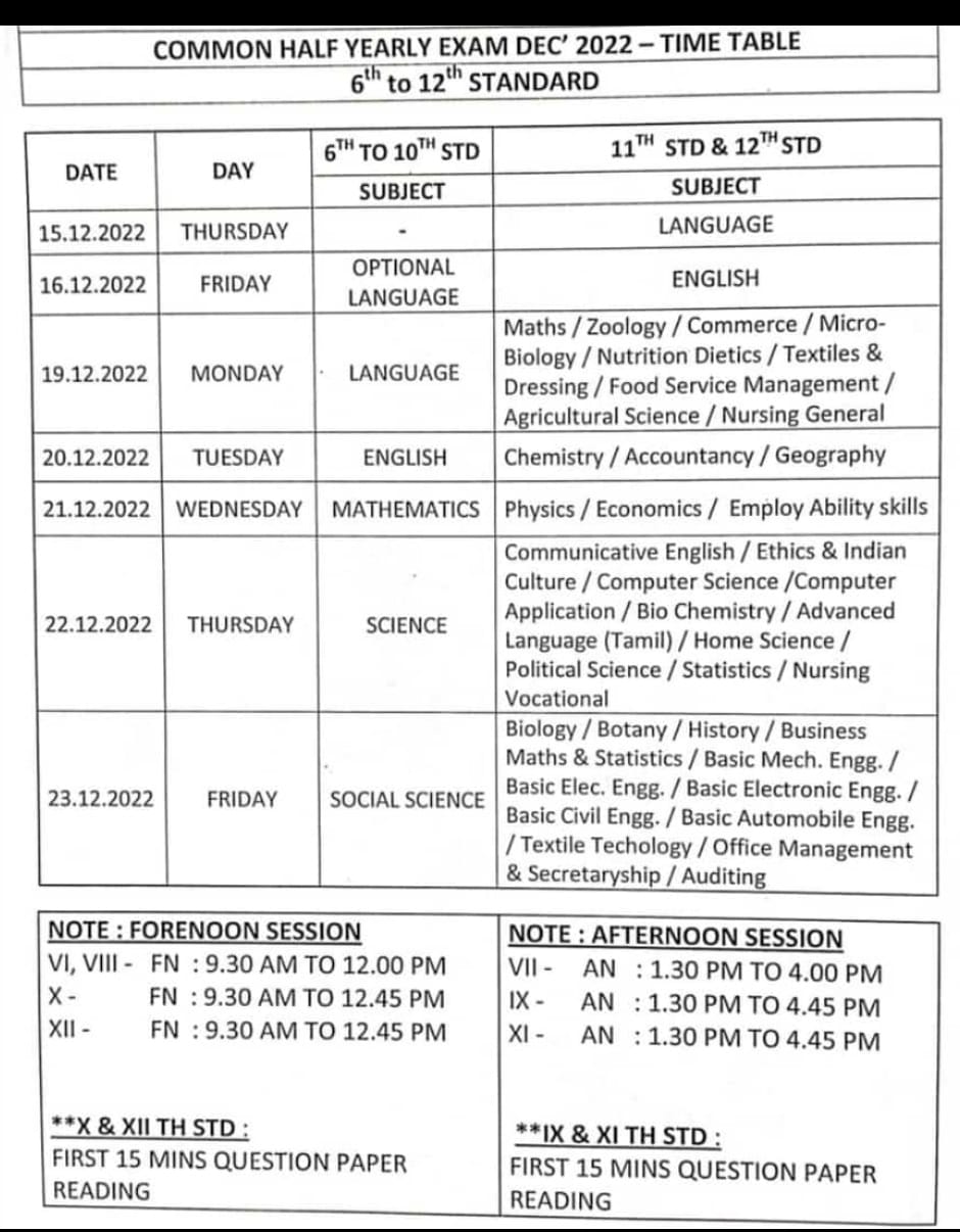 10th half Yearly Exam Time Table 2022 - Pdf Download TN