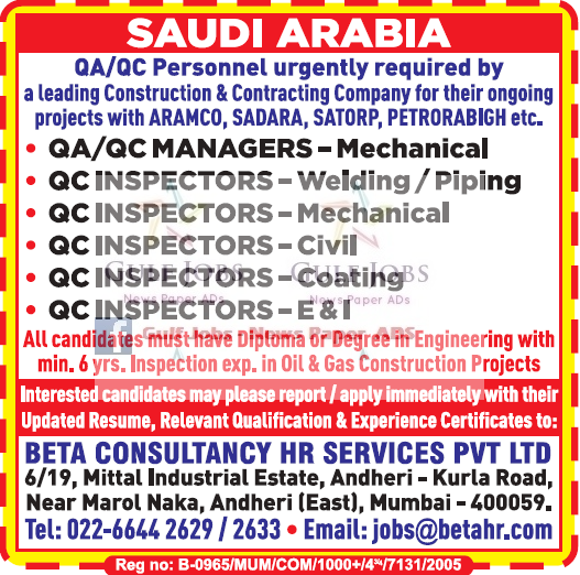 QA& QC job opportunities for Aramco, Sadara, Satorp & Petrorabigh projects in KSA