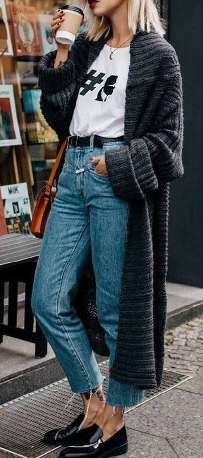 how to style a knit cardigan : t-shirt + bag + jeans + loafers