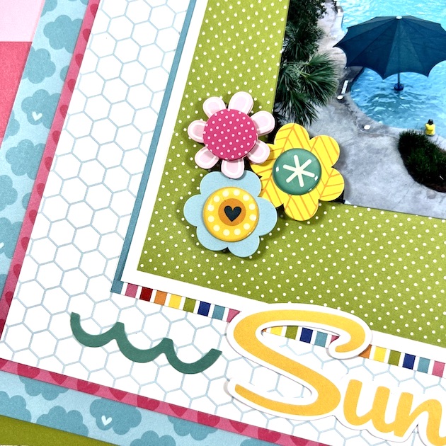 12x12 Summer Scrapbook Layout with flowers, waves & clouds