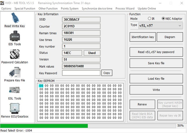 VVDI MB Error 1001 when Renew Original V51 Key 1