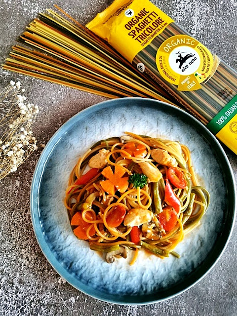 Sweet and Sour Chicken with Tricolore Spaghetti