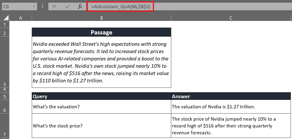 Building a question and answering system in Excel using ChatGPT