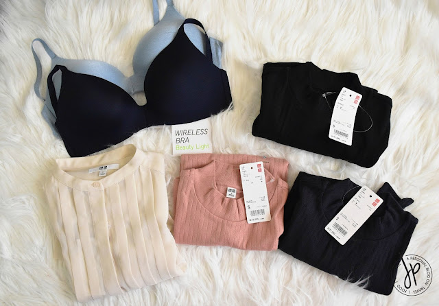 Uniqlo Wireless Bra, Ribbed High Neck Long Sleeve T-Shirt (black and navy), Ribbed High Neck Half Sleeve T-Shirt (pink), High Neck Chiffon Long Sleeve Blouse (cream)