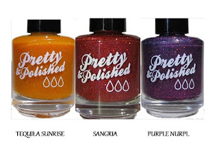 Pretty and Polished tequila sunrise, sangria and purple nurpl nail polish press release