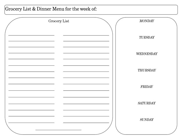 Grocery List and Menu