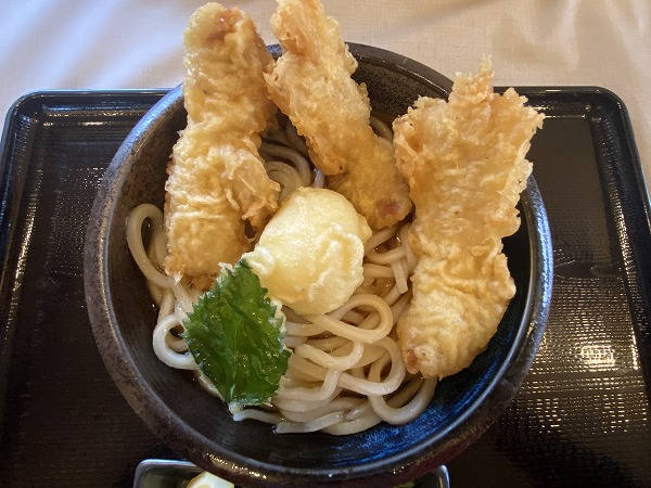 うどんらんぷ 若蔵の親子天ぶっかけうどん(鳥天3本と半熟卵天)