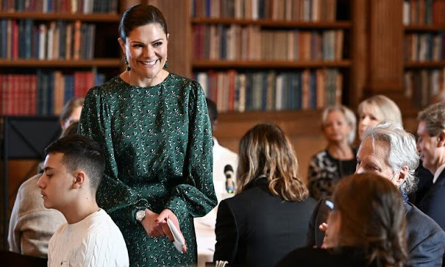 Crown Princess Victoria wore a Rina green floral print balloon sleeve blouse and a Bonnie green floral print midi skirt form By Malina