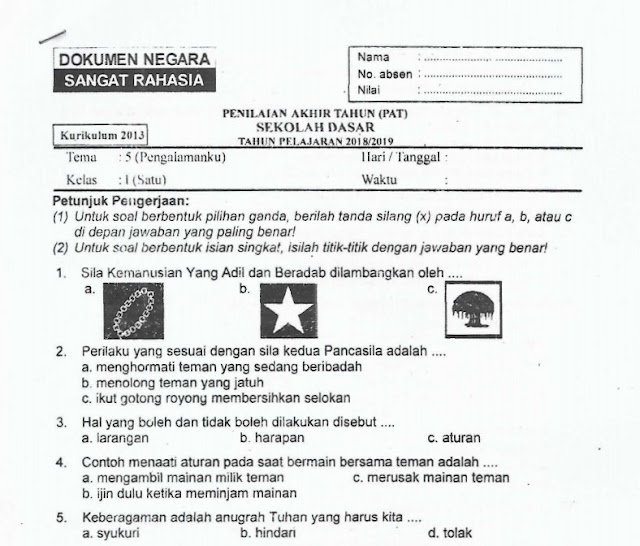 Download Soal Penilaian Akhir Tahun (PAT) Tema 5 Pengalamanku Kelas 1 SD Tahun 2018/2019