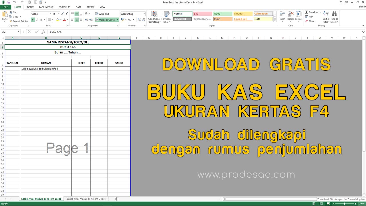 Download Form Buku Kas Excel Otomatis Menjumlah Sendiri