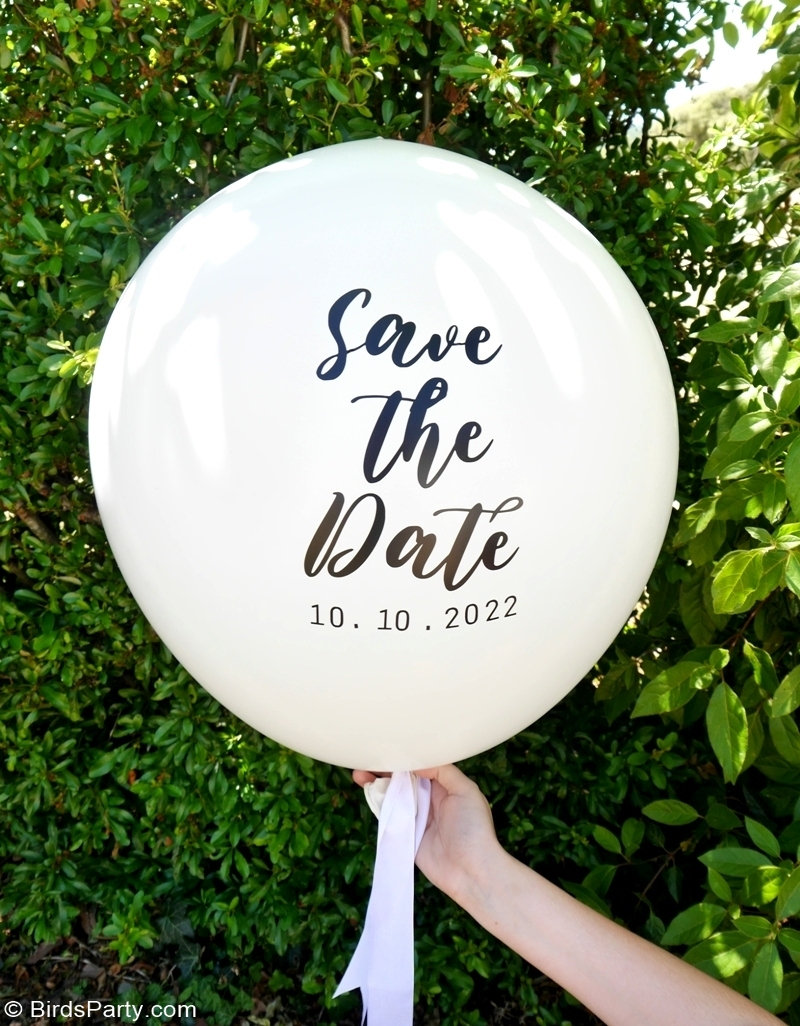 DIY Custom Text Balloons Using Vinyl - quick and easy craft project to personalize balloons for your party, celebrations, weddings and events! by BIrdsParty.com @BirdsParty #diycustomballoons #vinylballoons #bubbleballoon #weddingballoon #personalizedballoons #diycustomwedding #diywedding #savethedate