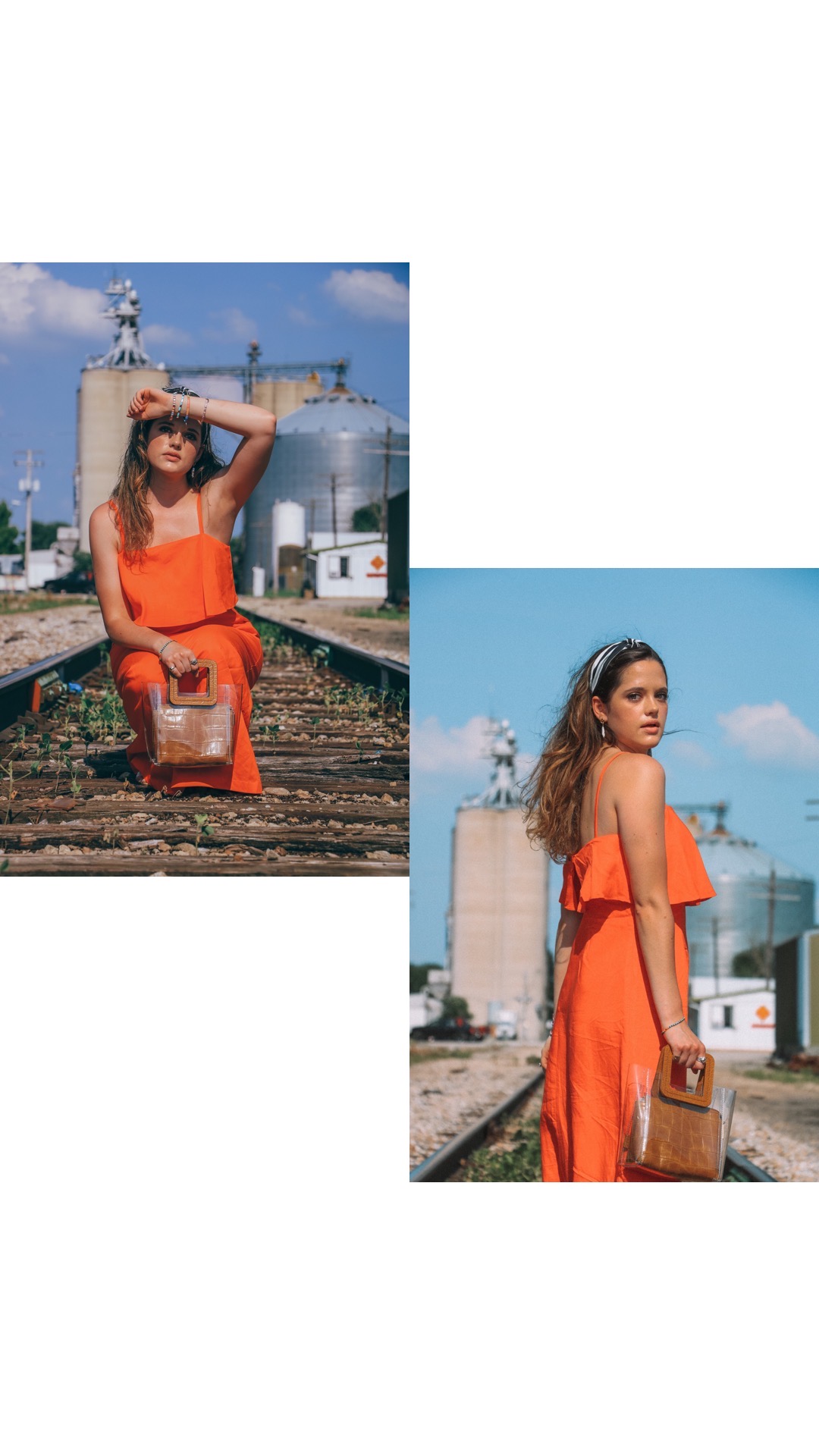 Style influencer Kathleen Harper wearing an orange maxi dress outfit.