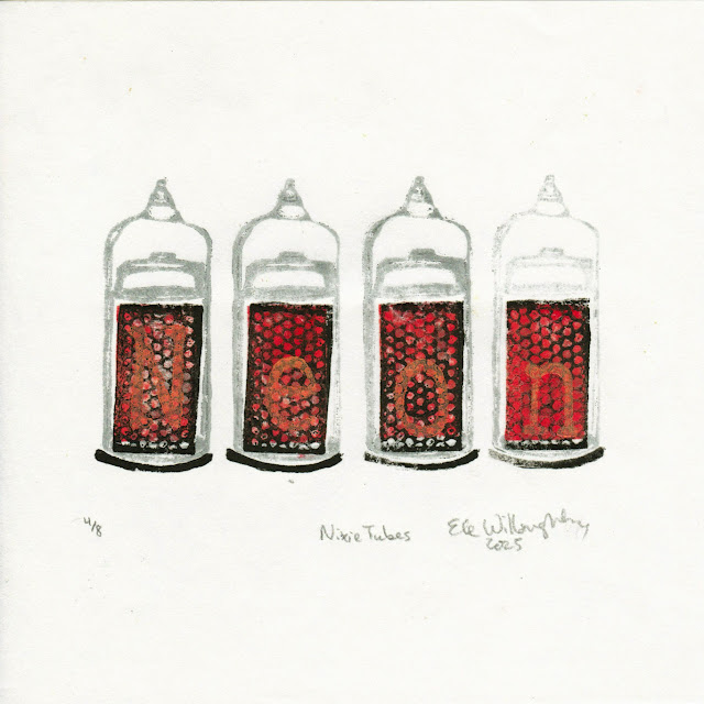 Nixie Tubes, 8" x 8" linocut by Ele Willoughby, 2025