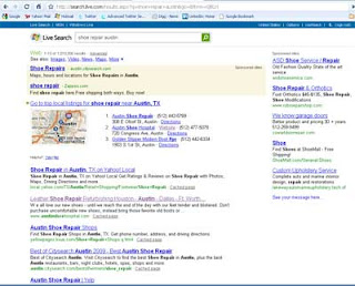 Live search SERP on search for shoe repair in Austin, TX