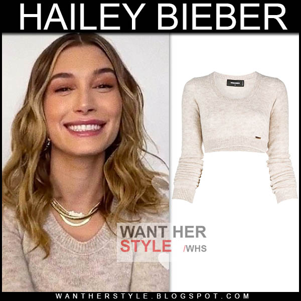 Hailey Bieber in beige knit sweater
