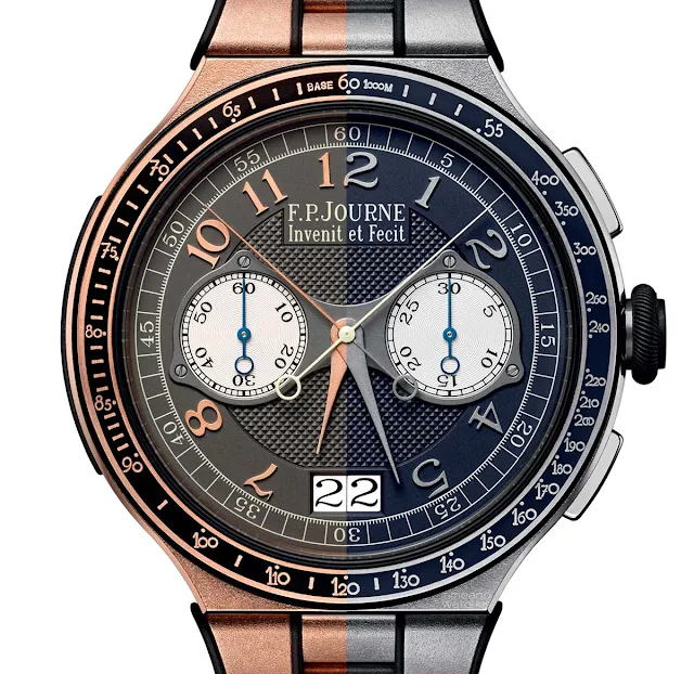 The dial of the F.P.Journe Chronographe Monopoussoir Rattrapante, comparison between red gold and platinum